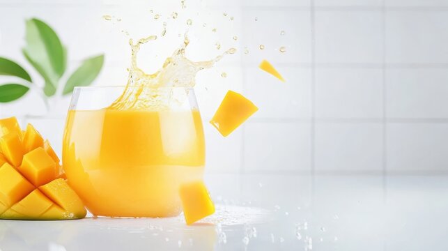 63.Close-up image of a mango juice splash frozen in time, with vibrant orange droplets of juice flying outward. The juice contrasts beautifully against the stark white background, highlighting the