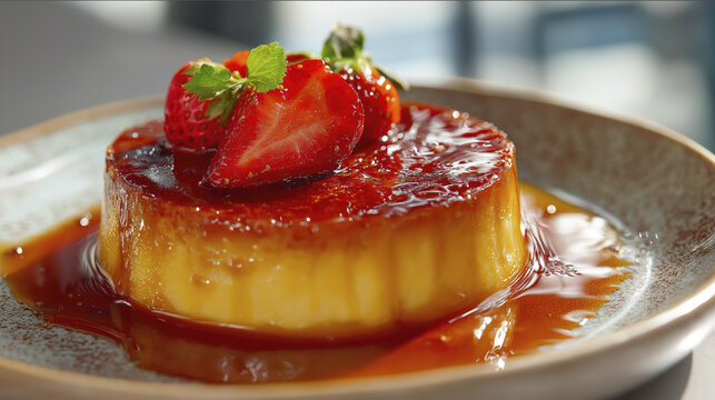 Caramel flan golden brown strawberry topping glossy sauce dessert plate closeup view sweet treat