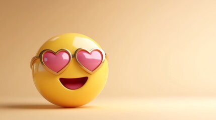 40.A realistic 3D yellow glossy emoji with a smiling face and love heart eyes. The emoji has a shiny, polished surface, with the heart-shaped eyes radiating warmth and affection. The happy expression