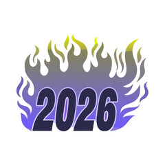 2026 text with purple blue and yellow flames year number