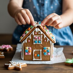 Child's Hands Decorating a Festive Gingerbread House with Colorf