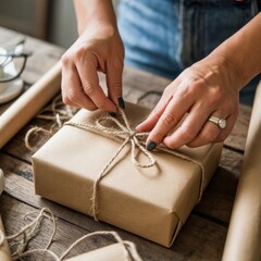 Woman Tying Natural Twine Bow on Brown Kraft Paper Gift Box, Rus