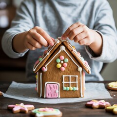 Child's Hands Decorating a Festive Gingerbread House with Sweet