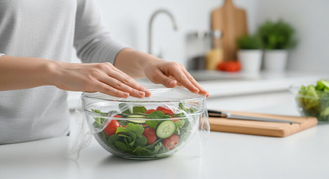 Woman wrapping bowl with cling film filled with salad in kitchen  