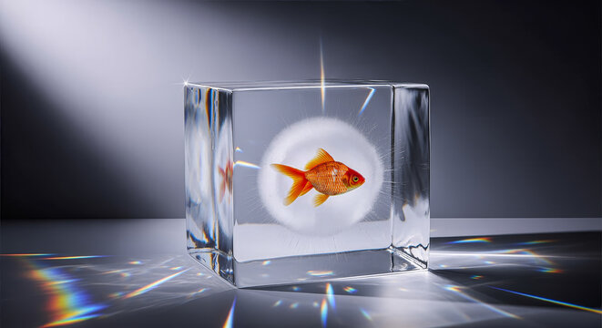 Goldfish in an ice cube on the table, colored lens, multi-colored rays, studio photography, minimalism