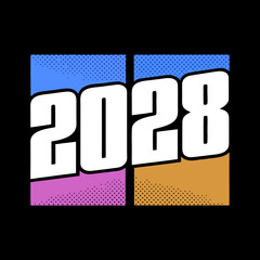 2028 comic book style text with halftone dots year