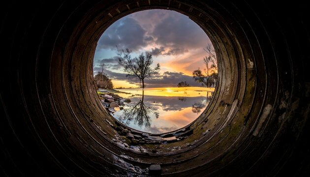 A sunset, framed by a concrete tunnel, reflects in the still water of a bay, with a lone tree in the center - Powered by Adobe