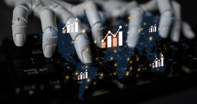 AI assistant analyzing global economic data and stock market trends. Generative technology creates financial chart visualizations for international business strategy and investment. Fermion