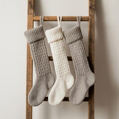 Cozy Knitted Christmas Stockings Hanging on Rustic Wooden Ladder