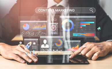 Content marketing interface with data dashboards, analytics charts, and content tools. Marketing success comes from content performance, content planning, and marketing optimization. Spline