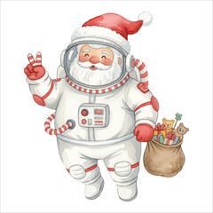 Watercolor Santa Claus Astronaut Space Suit Vector Illustration, Isolated on White Background
