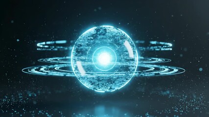Futuristic glowing blue holographic sphere with rotating digital rings in a dark environment, emitting bright light and surrounded by sparkling particles, conveying advanced technology and innovation - Powered by Adobe