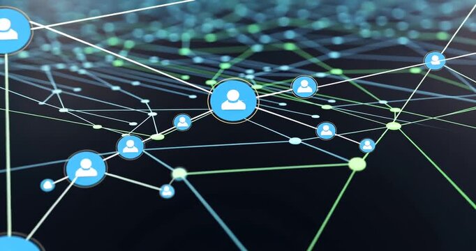 Abstract network visualization connecting various user icons in a digital landscape background - Powered by Adobe