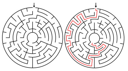 Round Maze Game for Kids and Adults - Easy Circular Maze Game Flat Vector Black and White Outline Illustration - Problem Solving Game kdp.