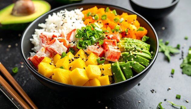 A vibrant bowl showcasing various fresh ingredients, featuring rice, mango, avocado, crab, and vegetables. A healthy, colorful meal
