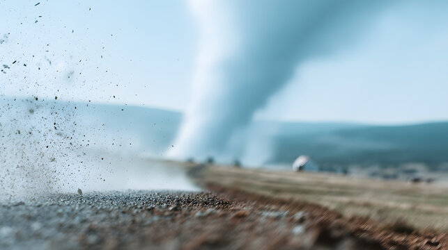 a powerful tornado sweeping across an open plain, kicking up dust and debris in its wake. The sky is ominous with dark clouds, underscoring the raw power of nature
