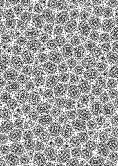 A complex, tessellated design composed of repeating geometric shapes such as stars, circles, and triangles creates a dense, all-over pattern in black and white.