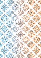 A white background showcases a repeating pattern of diamond shapes. These shapes contain stylized floral designs that transition from blue to grey to orange across the surface.