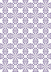 A repeating pattern features purple floral motifs and circular dots arranged in a geometric grid. The design is on a white background and creates a pleasing, symmetrical composition.