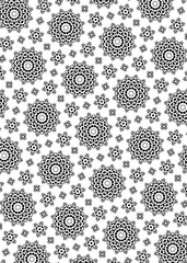 This is a monochrome seamless background with geometric floral and starburst shapes. The repeat pattern features black elements against a white backdrop.