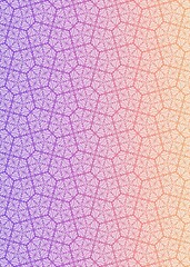 A repeating geometric pattern fills the frame, with small, detailed shapes in white. A color gradient transitions from purple on the left to yellow on the right.