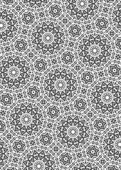 An intricate pattern displays various geometric shapes like stars, triangles, and squares. The design features many circles and radial arrangements, forming a symmetrical and abstract style.