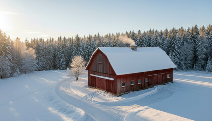 Red wooden barn covered in fresh snow with smoke from chimney, surrounded by a winter forest at sunrise, serene landscape.