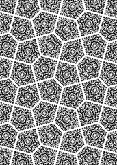 The design showcases interlocking geometric and floral shapes in black lines against a white background, creating a tile-like effect with a continuous pattern.