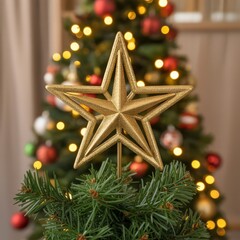 Golden Glitter Star Christmas Tree Topper with Festive Lights an