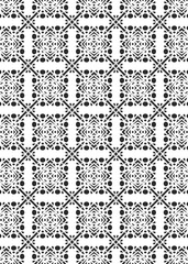 A detailed pattern of black geometric and floral shapes arranged on a white background. The design repeats seamlessly, creating a wallpaper or textile effect.