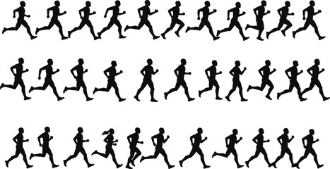 Running animation silhouette sequence of male and female athletes showing motion cycle for fitness, sports training, movement study, cad drawing flat vector illustration