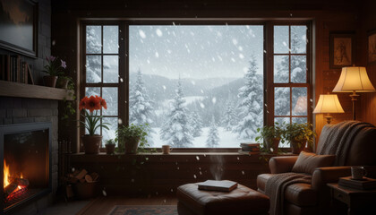 Warm interior of a rustic winter cabin, crackling fireplace, comfy armchair, large window view of snowy forest.
