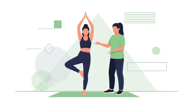 Yoga Practice: Instructor Guiding Person Performing Tree Pose, Healthy Lifestyle Concept