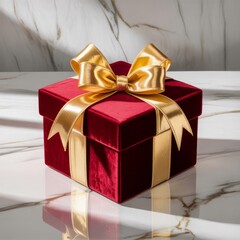 Luxurious red velvet gift box with a sparkling gold ribbon and b