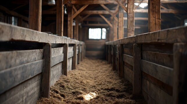 Rustic wooden barn interior featuring a central pathway lined with weathered wooden stalls and covered in loose bedding illuminated by soft shafts of - Powered by Adobe