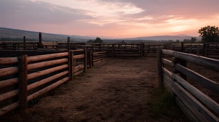 Rustic wooden corrals stand empty in a tranquil rural landscape at twilight under a soft colorful sunset sky