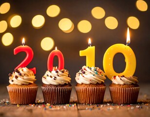 Delicious cupcakes adorned with candles, spelling out the year 2010, on a wooden surface