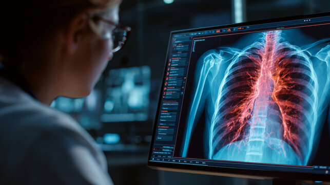 Medical professional is analyzing patient X ray computer screen, showcasing detailed imagery of lungs and chest area. atmosphere conveys sense