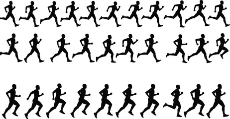 Running man silhouette animation sequence showing athletic motion cycle for fitness, sports training, movement study, editable shapes, cad drawing flat vector illustration