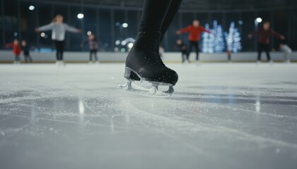 Close-up of a person's ice skate gliding across a shimmering ice rink with blurred skaters in background.