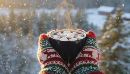 Cozy hands in festive reindeer mittens holding a steaming mug of hot chocolate with marshmallows, snowy winter scene.