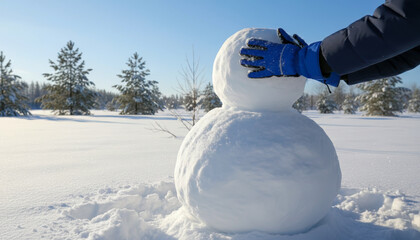 A gloved hand gently places the head on a snowman, building it in a crisp, clear, and sunny winter wonderland.