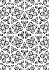 A complex repeating design features abstract floral and geometric shapes. The pattern is entirely in black and white, creating a high-contrast look.