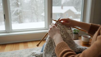 Person's hands knitting chunky yarn with wooden needles by a window on a snowy winter day at home, cozy scene