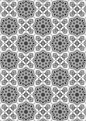 A geometric, seamless pattern of black flower-like shapes and star-like crosses covers a white background. The repeating motif creates a symmetrical, artistic design.