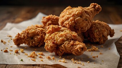 Crispy fried chicken close-up with golden brown crust on parchment paper
