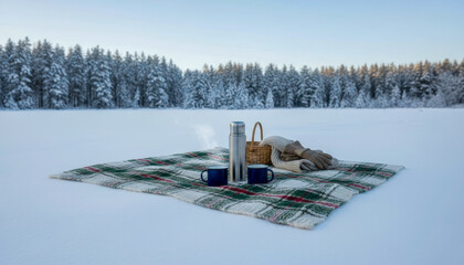 Cozy winter picnic set up on a snow-covered field with a thermos, mugs, and blanket near a forest.