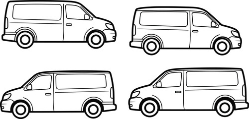 Four different views of a delivery van in a black and white outline
