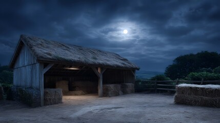 A rustic barn bathed in moonlight filled with hay bales under a cloudy night sky