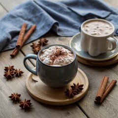 Two mugs of delicious hot chocolate topped with whipped cream an